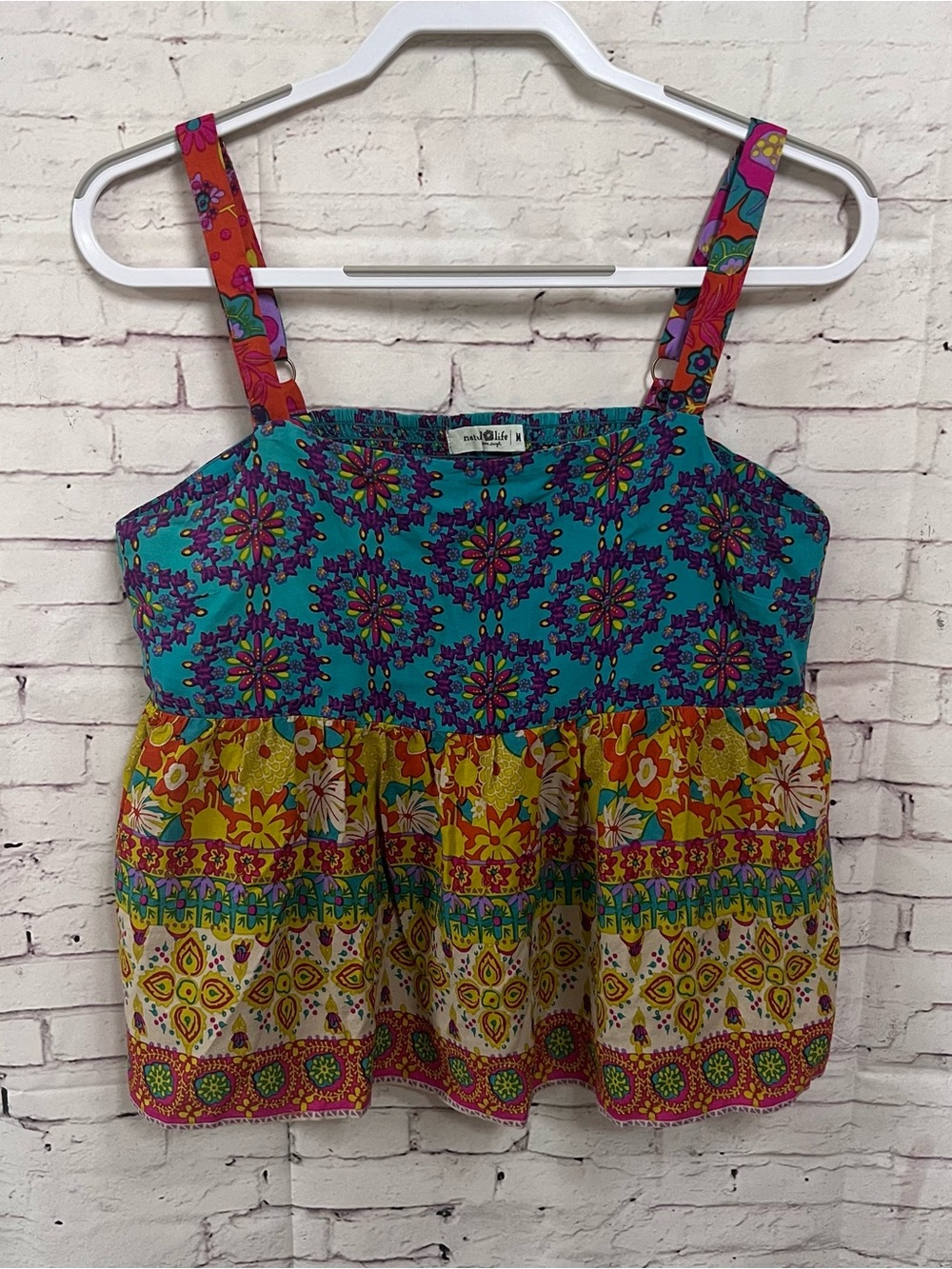 Natural Life Patchwork Floral Tank Top Medium Smocked Back Bohemian Cami
